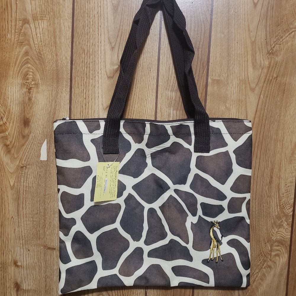 J. GARDEN Giraffe print Embroidered tote bag, shoulder bag grocery Zip Top